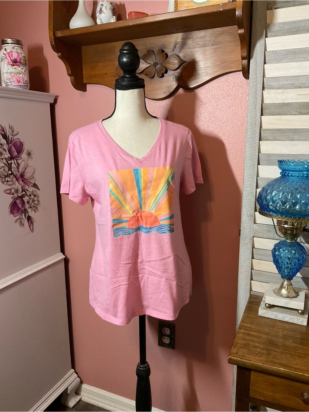Pink V-Neck Tee with Sunrise Graphic